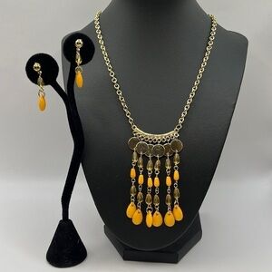 Gold Tone Orange Egyptian Style Necklace Set Bezeled Teardrop Beads and Yellow